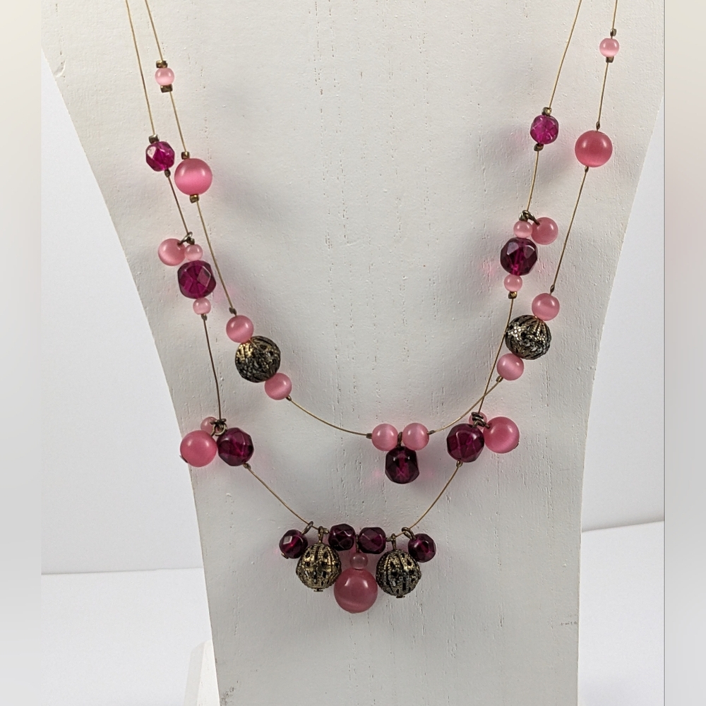 Vintage Pink Beaded Illusion Necklace